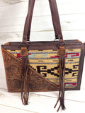 Tan, Maroon and Grey Wool with Tooled Leather Swatch Large Tote Bag