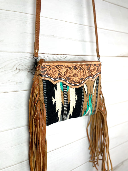 Campo Tan & Turquoise Wool, Leather Tooled Fringe Med. Bag