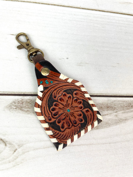 Floral Tooled Whipstitched Leather Key Tag