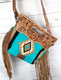 Turquoise and Tan Wool Leather Open Handle Fringe Bag