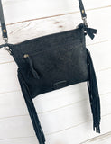 Black Canyon Suede Brocade Medium Leather Tooled & Buckstitch Fringe Bag