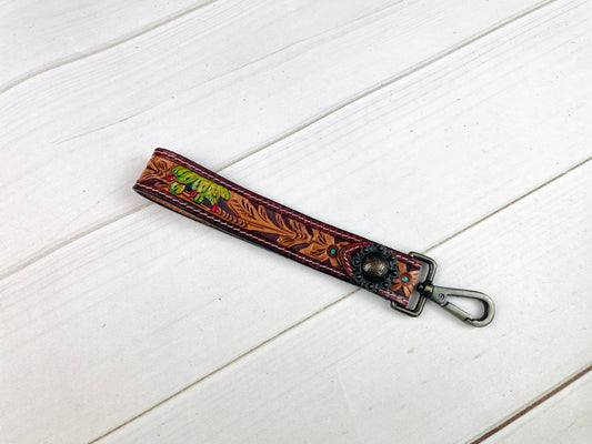 Floral & Cactus Bloom Tooled Wristlet Leather Keychain