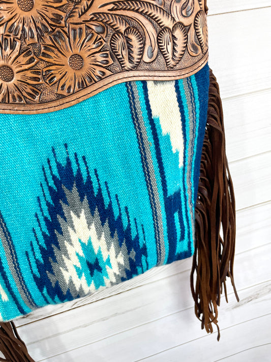 Blue Grey Diamond Wool & Leather Bag