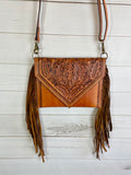 Feather Tooled Tan Leather & Fringe Envelope Handbag