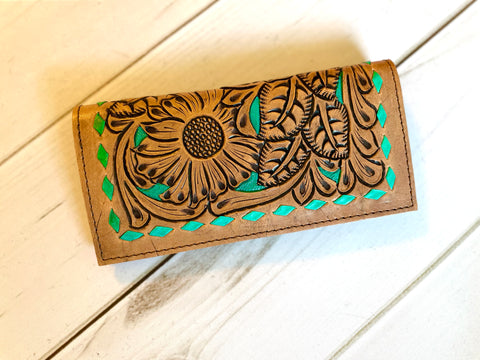 Turquoise Buckstitch Sunflower Tooled Wallet