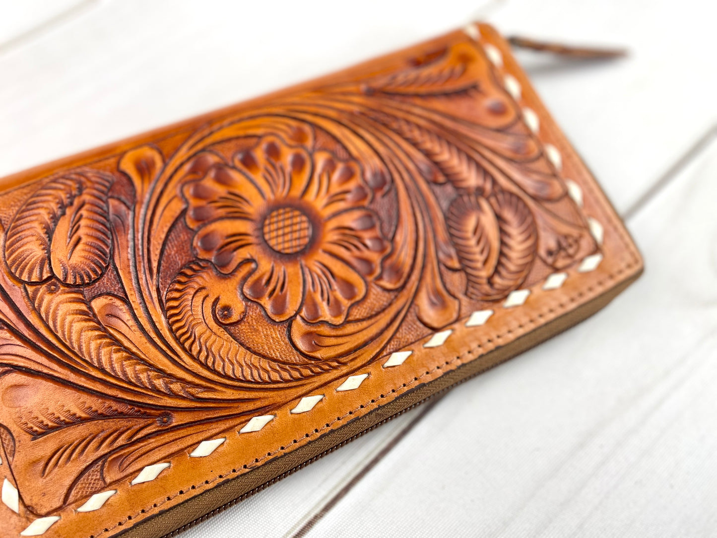 Floral Tooled Leather Buckstitch Zipper Wallet