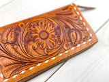 Floral Tooled Tan Leather Buckstitch Zipper Wallet
