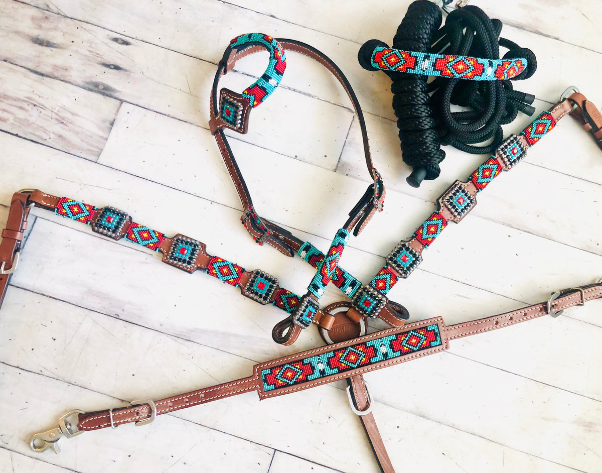 Red and Teal Beaded Diamond Pattern Tack Set