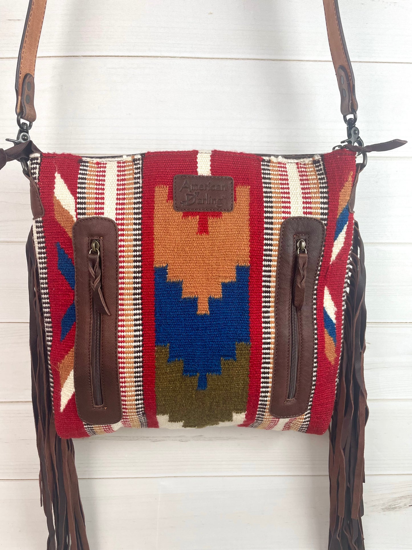 SALE! Canyon Red, Tan, Blue Wool Pattern & Leather Handbag