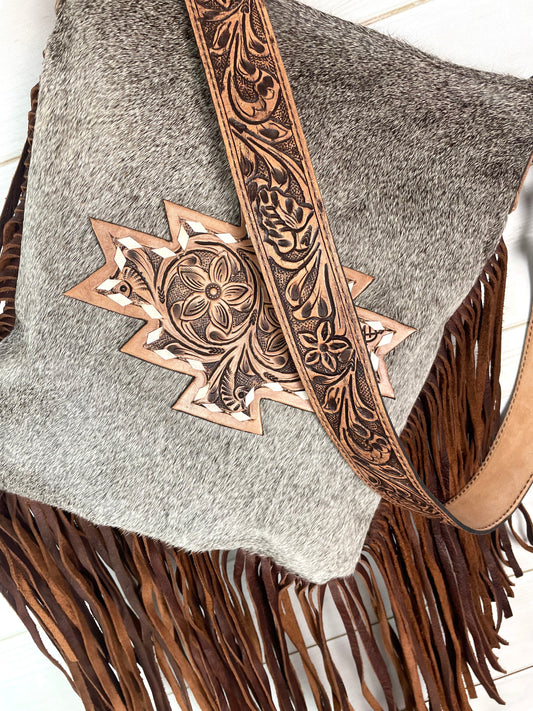 Grey Hair on Hide Leather Tooled Patch Crossbody Bag with Fringe