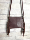 Brown Hide Scroll Tooled Leather Fringe Square Handbag