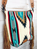 Turquoise with Red & Grey Wool & Leather Aztec Handbag