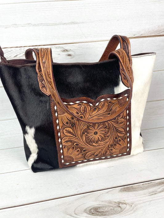 Cowhide Tote with Front Leather Sunflower Tooled Pocket