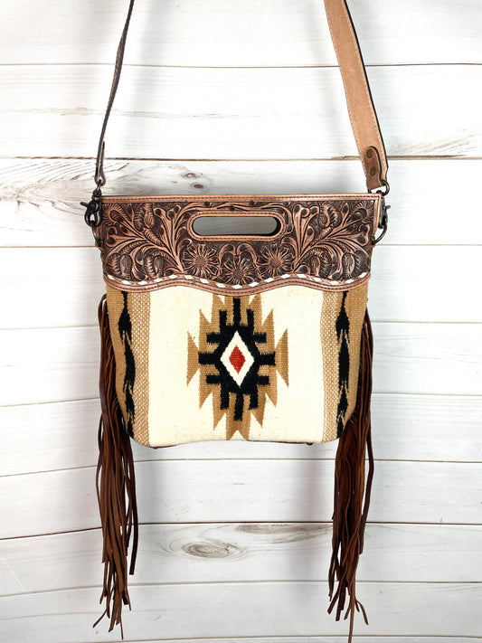 Churro Tan And Red Diamond Wool Leather Handle Fringe Bag
