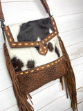 CLEARANCE! Brown & White Hide Tan Buckstitch Weathered Leather Crossbody Bag