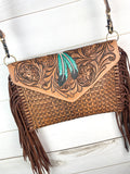 SALE! Feather Tooled Leather & Fringe Envelope Handbag