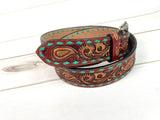 Tooled Paisley Gold Brushed Leather Woman’s Belt