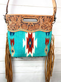 Coronado Turquoise Pattern Wool Leather Handle Fringe Bag