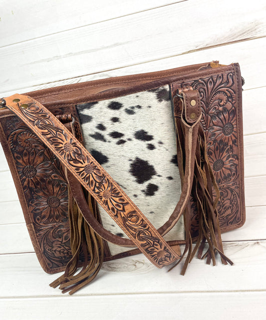 Prescott Black Grey Hide Tote with Leather Tooled Sunflowers