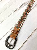 Teal Border Flower Painted and Tooled Leather Woman’s Belt