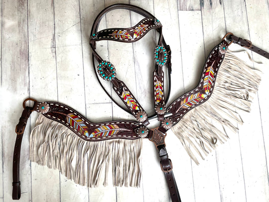 Painted Feathers with Cream/Taupe Leather Fringe Tack Set