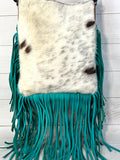 Brown and White Hide Crossbody Bag with Turquoise Fringe