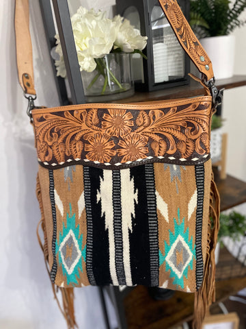 Campo Tan & Mint Turquoise Wool Woven Crossbody Handbag
