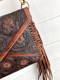 Envelope Whipstitch Leather Tooled Fringe Handbag