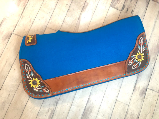 Sunflower Feather Tooled - Hand Painted Blue Saddle Pad