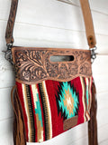 Red Turquoise Diamond Wool Leather Clutch Fringe Bag