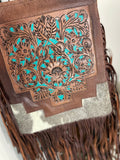 Country Turquoise Floral Tooled Fringe Leather Handbag