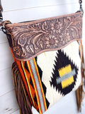 Ash Neutral Native Pattern Wool Leather Tooled Fringe Handbag