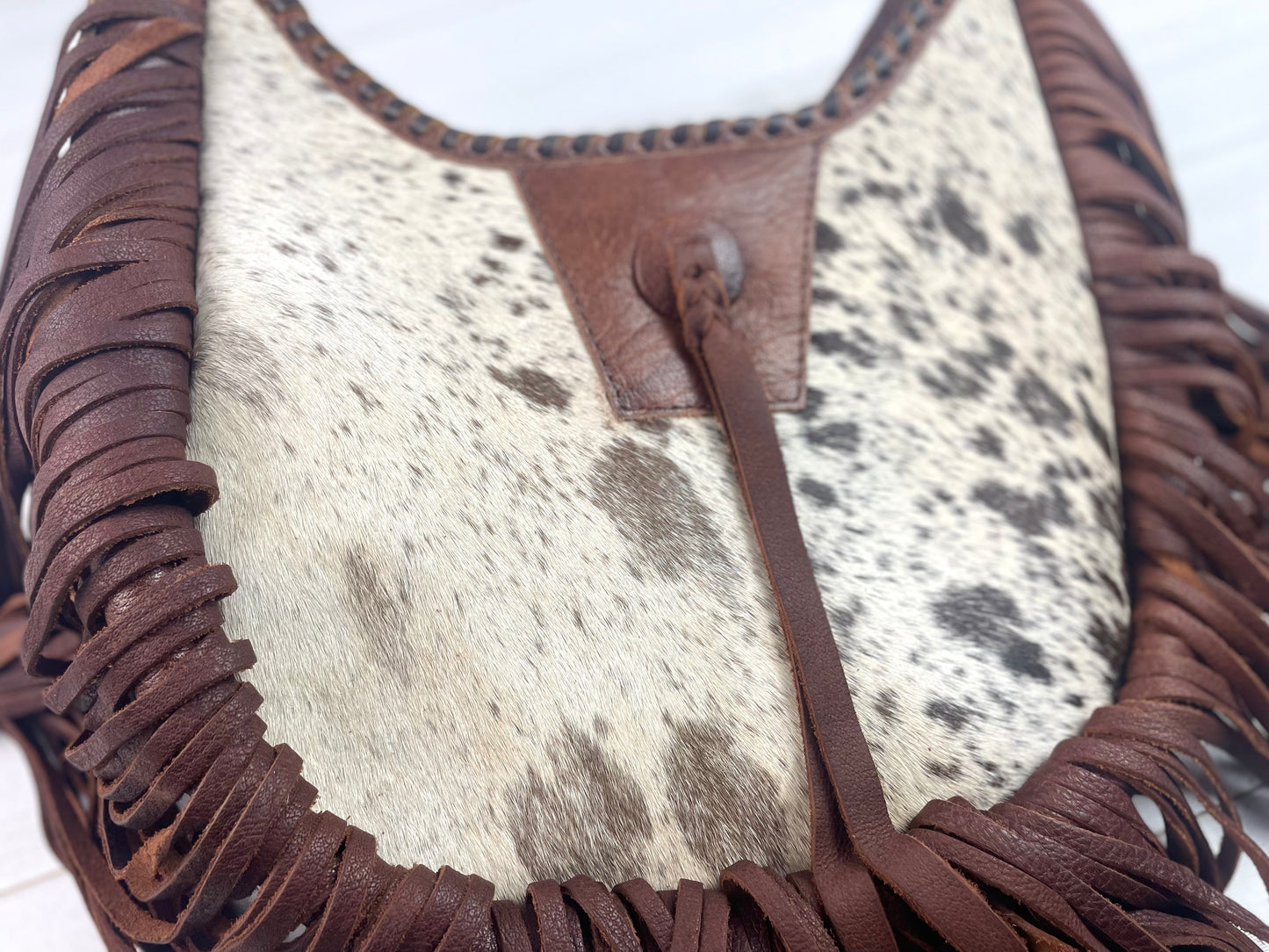 Brown Hide & Leather Boho Crossbody Long Fringe Bag