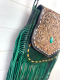 Green Leather Tooled Flap Fringe Bag