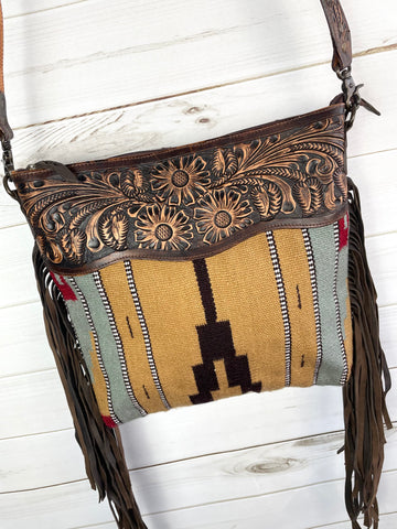 Mohave Tan & Grey Wool and Leather Tooled Bag