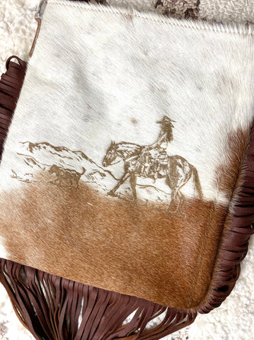 Female Rancher Branded Large Crossbody Bag with Leather Fringe