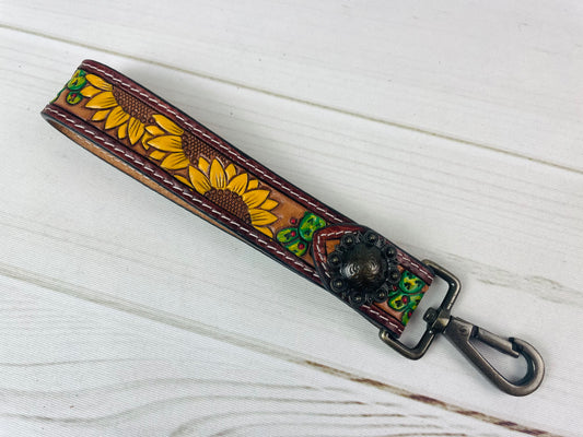 Triple Sunflower Cactus Tooled Wristlet Leather Keychain
