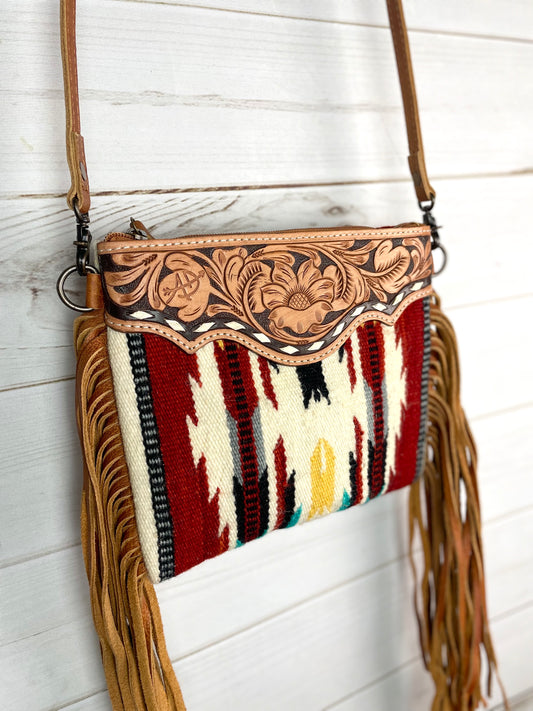 Serape Red Wool, Leather Tooled Fringe Med. Bag