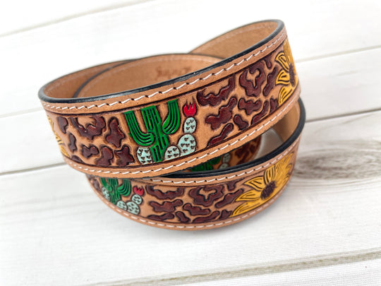 Desert Leopard Sunflower Leather Tooled Handbag Strap