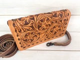 Floral Tooled Brown Buckstitch Carryall Wallet