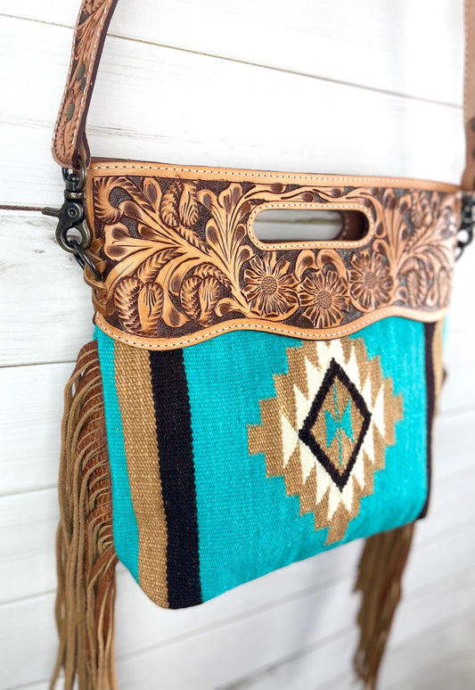 Turquoise and Tan Wool Leather Open Handle Fringe Bag