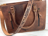 Prescott Tan Pattern Hide Tote with Leather Tooled Sunflowers