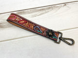 Colorful Paisley Tooled Wristlet Leather Key Fob