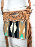 Campo Tan & Mint Pattern Wool Leather Handle Fringe Bag