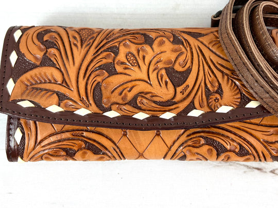 Floral and Scroll Tooled Two Tone Leather Wallet
