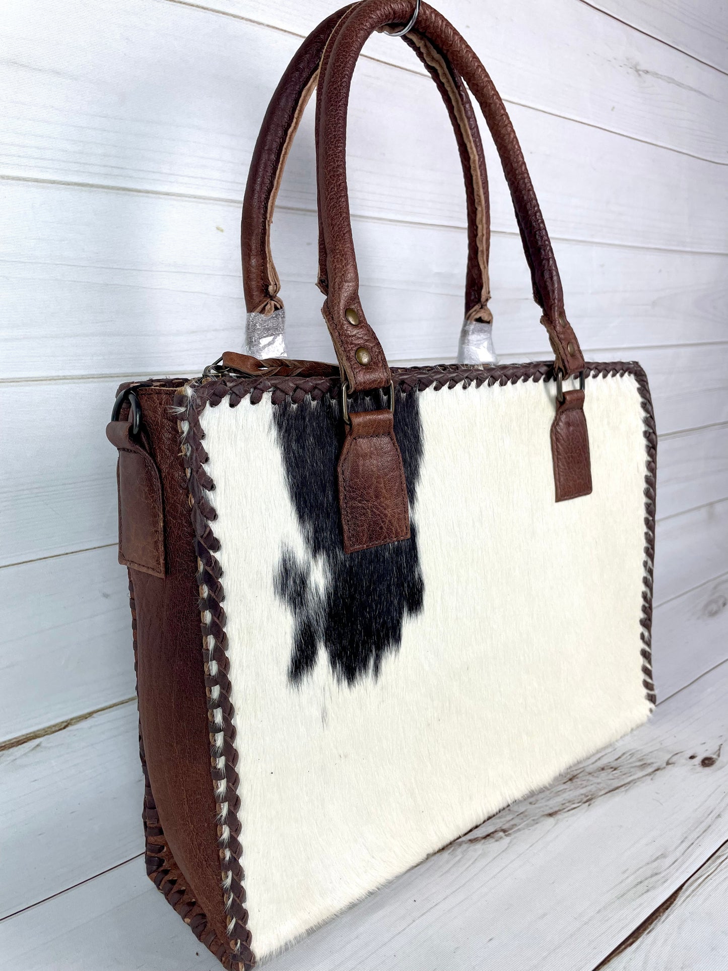 SALE! Leather Braided Dark Brown Cowhide Tote