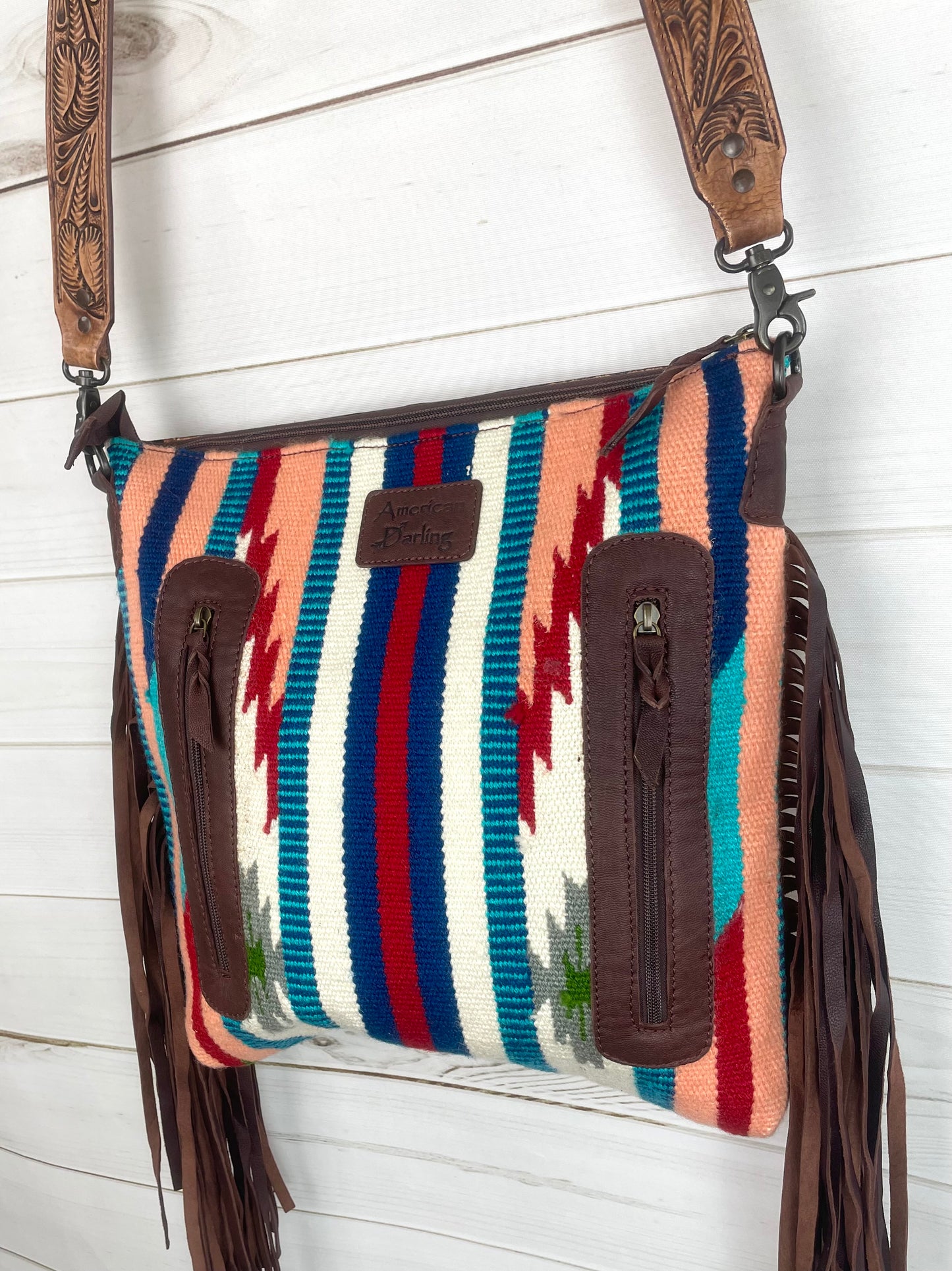 SALE! Peach Teal Serape Pattern Wool Leather Handbag