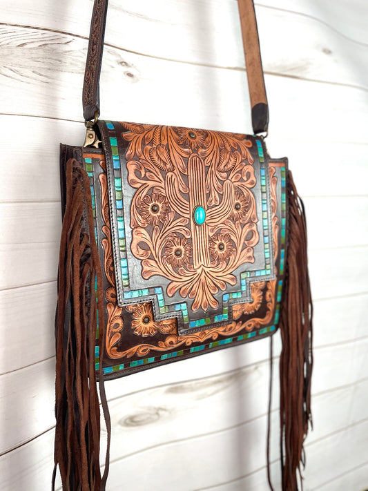 March Cactus Blossom Tooled Satchel Crossbody Bag