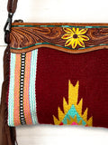 Wine and Yellow Colorful Wool & Sunflower Tooled Leather Medium Bag