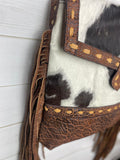 CLEARANCE! Brown & White Hide Tan Buckstitch Weathered Leather Crossbody Bag